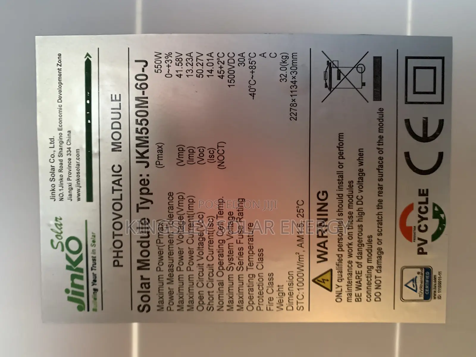 550watts Jinko Solar Panel (Halfcut) Mono 144cells