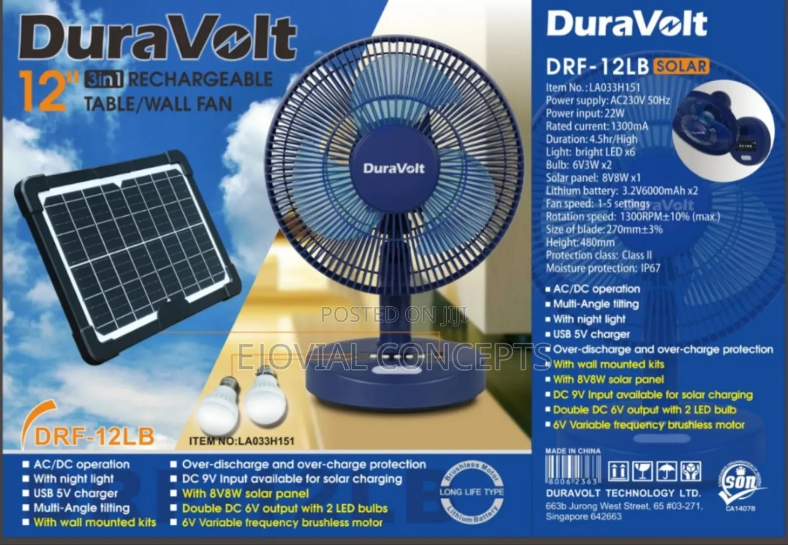 Duravolt 3in1 12" Solar Rechargeable Table/Wall Fan