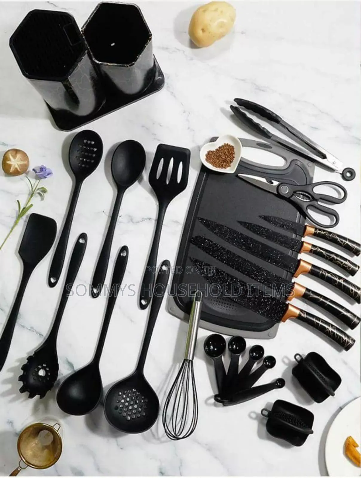 Marble Design Silicone Cooking Spoons Set With Stand