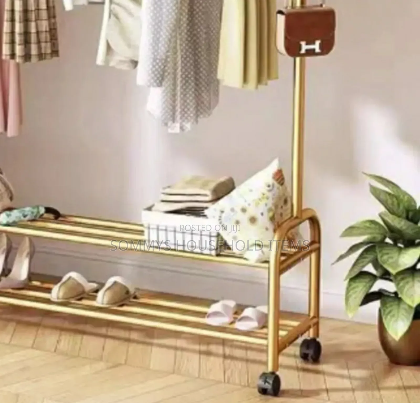 Golden Cloth Shoe Storage Rack With Wheels