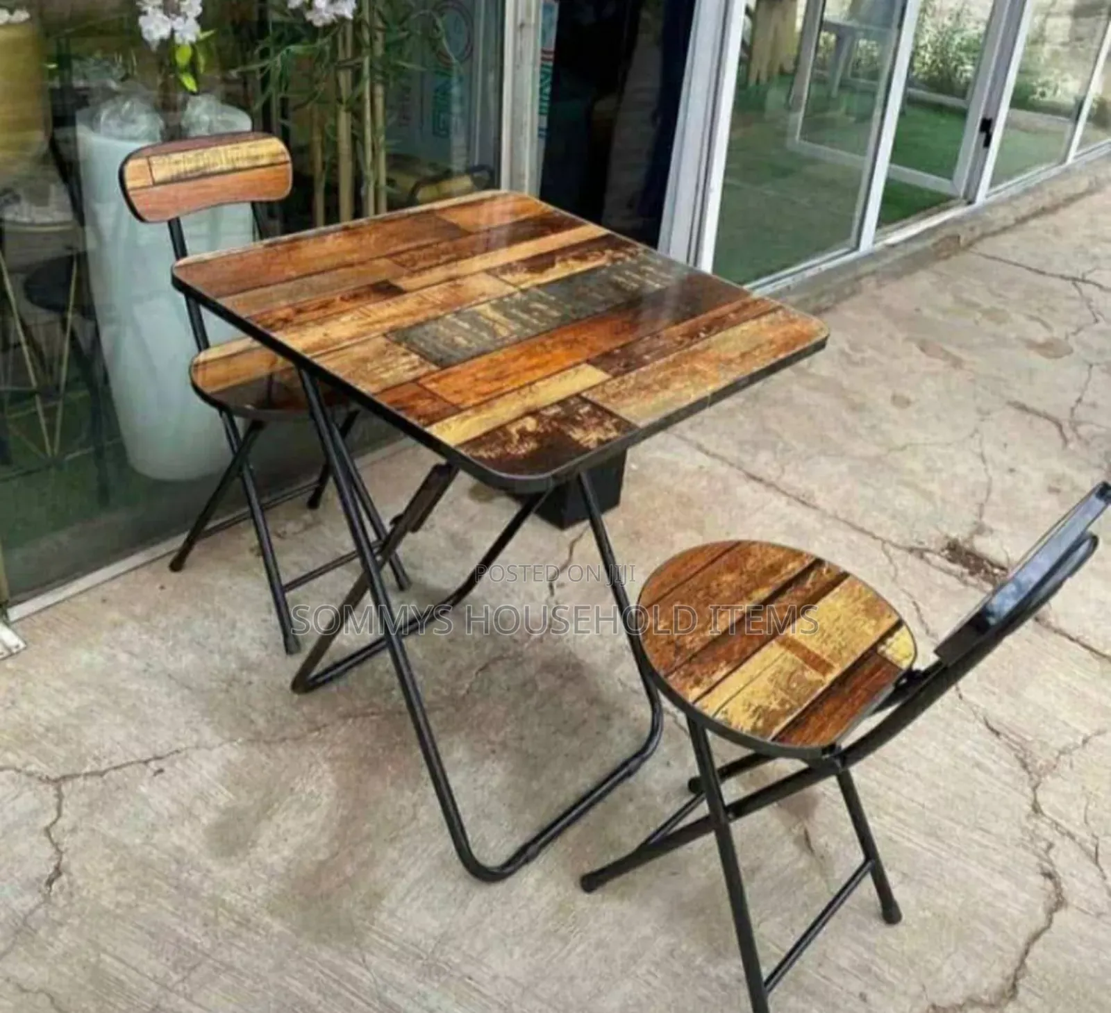 Vintage Wooden Foldable 1table 2chairs With Metal Legs