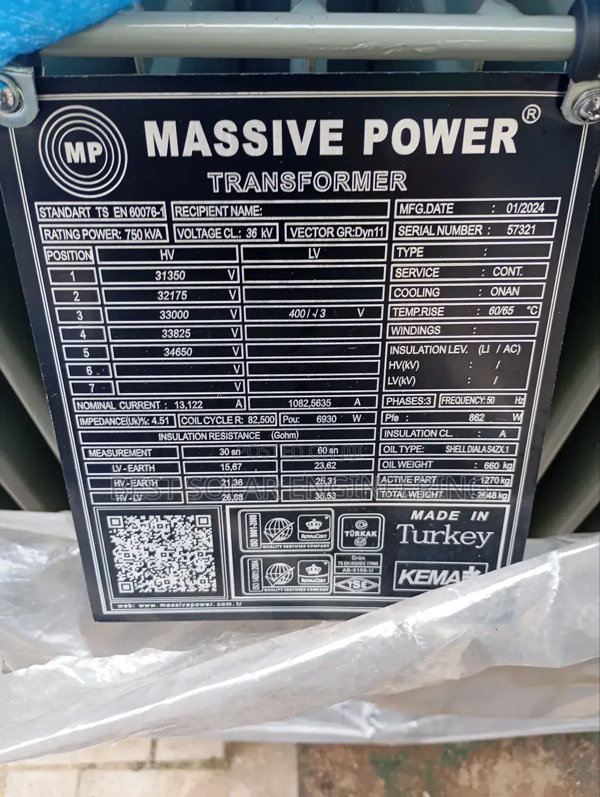 750kva 33/0.400kv Massive Power Transformer