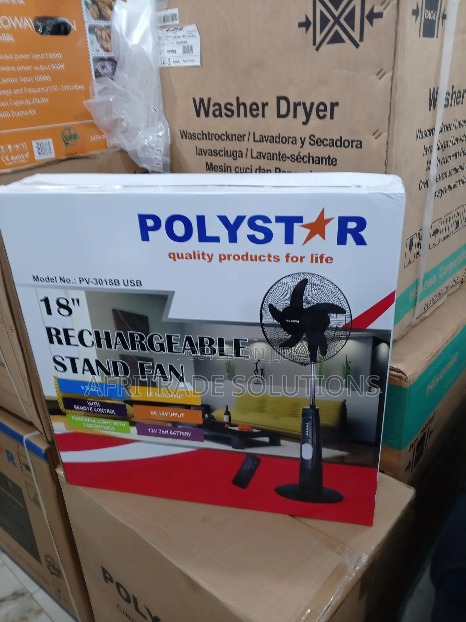 Polystar 18 Inches Pv-3018b Rechargeable Fan- 9 Speed