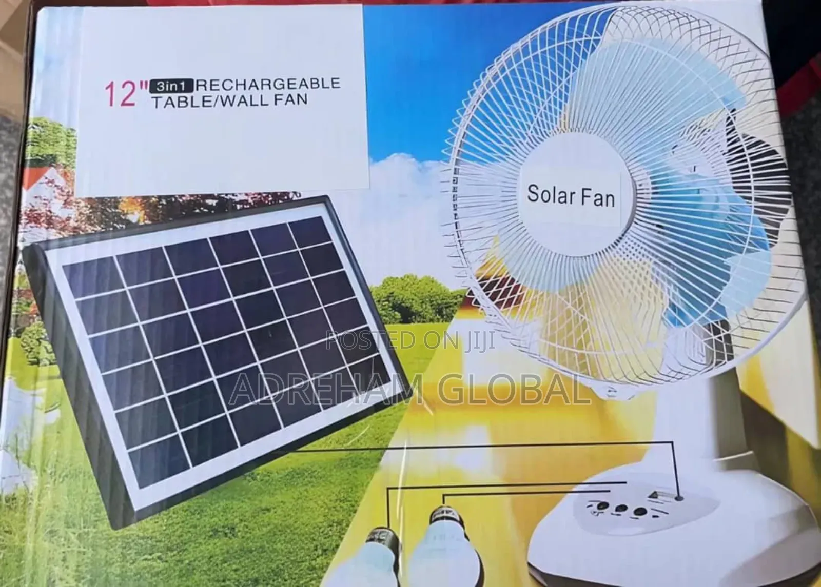 12" Solar 3in 1 Rechargeable Table Fan With Panel 2 Bulbs
