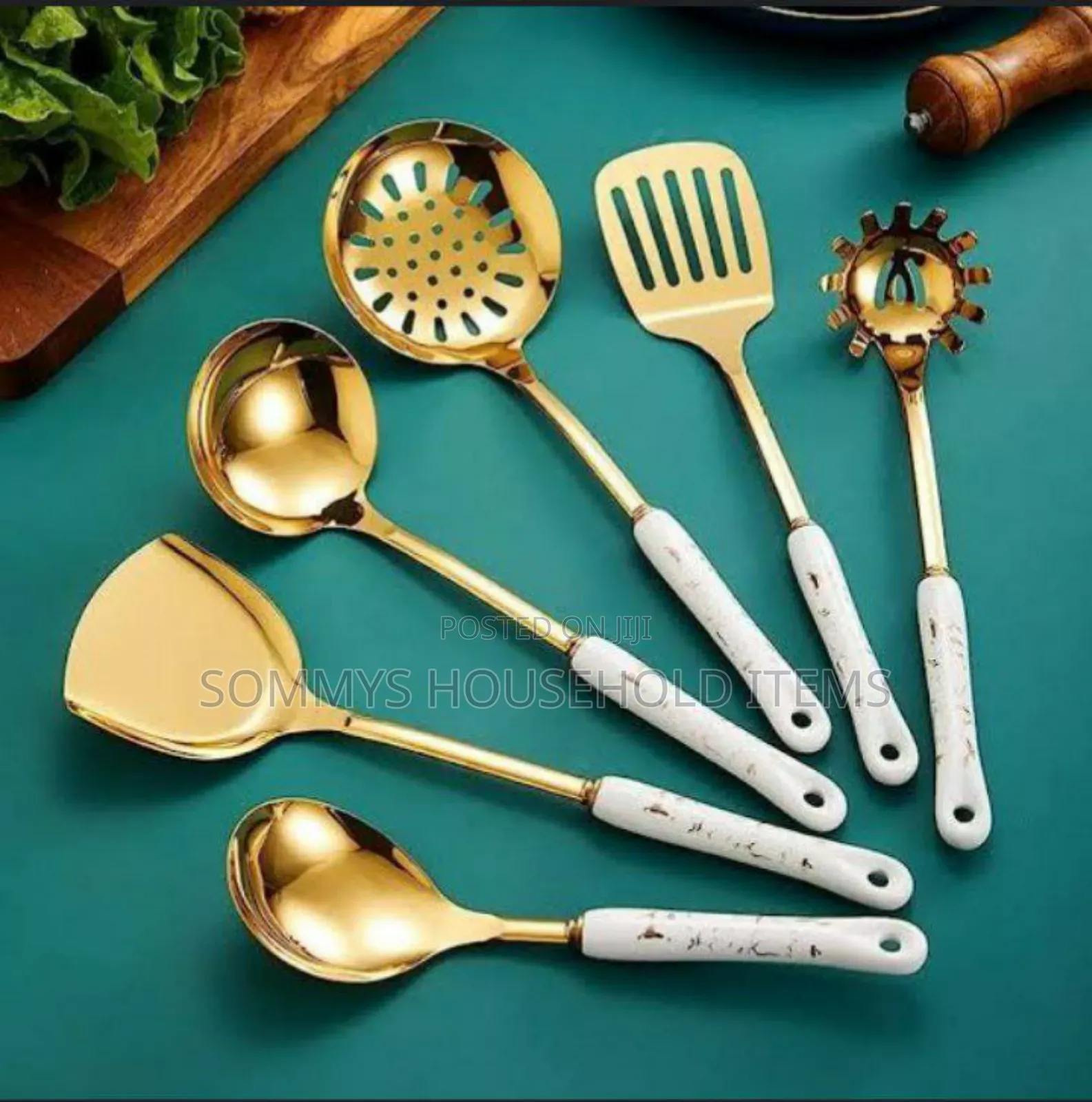 7pcs Gold Marble Cooking Spoon Set With Stand
