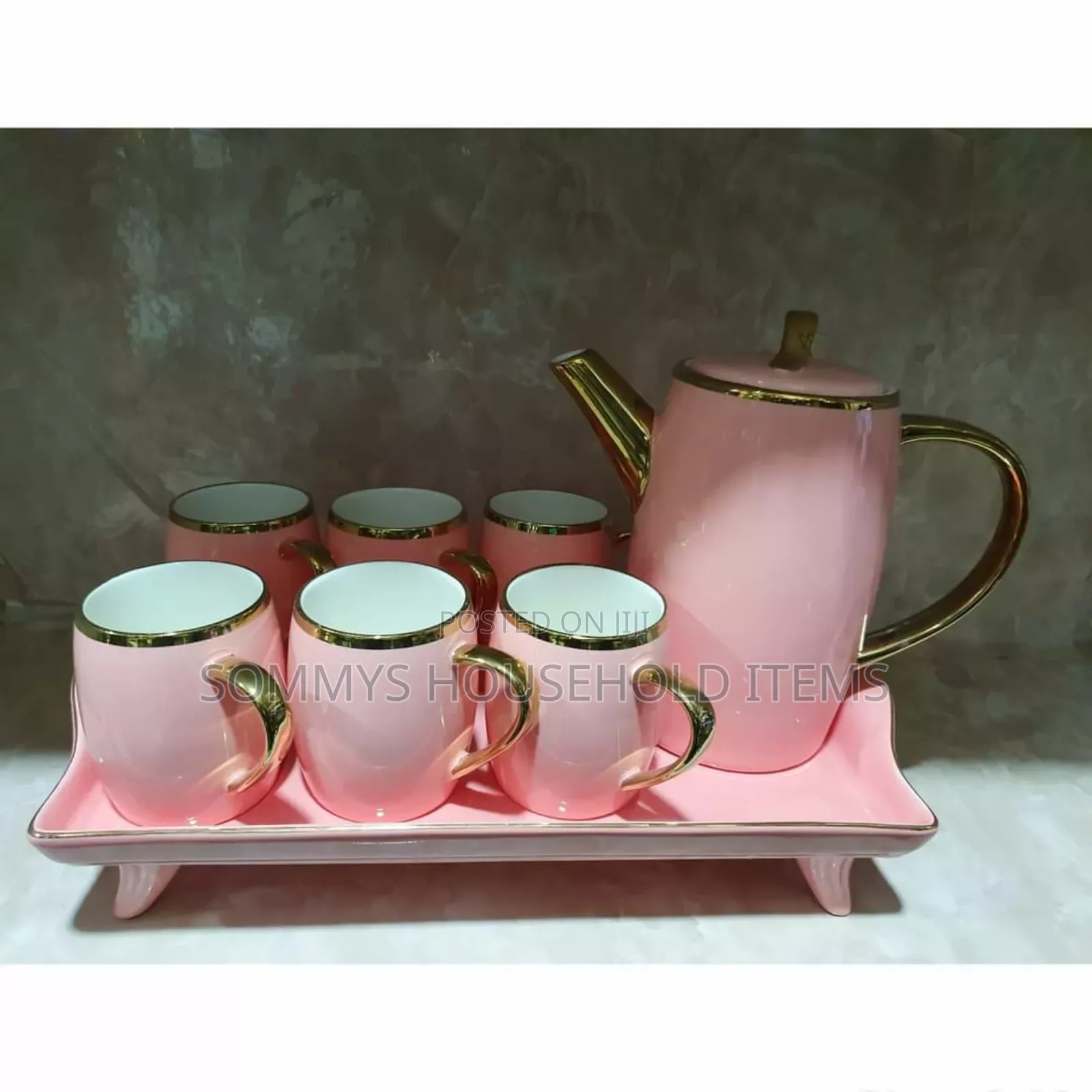 Luxury Pink 6set Teacups ,Tray and Jug
