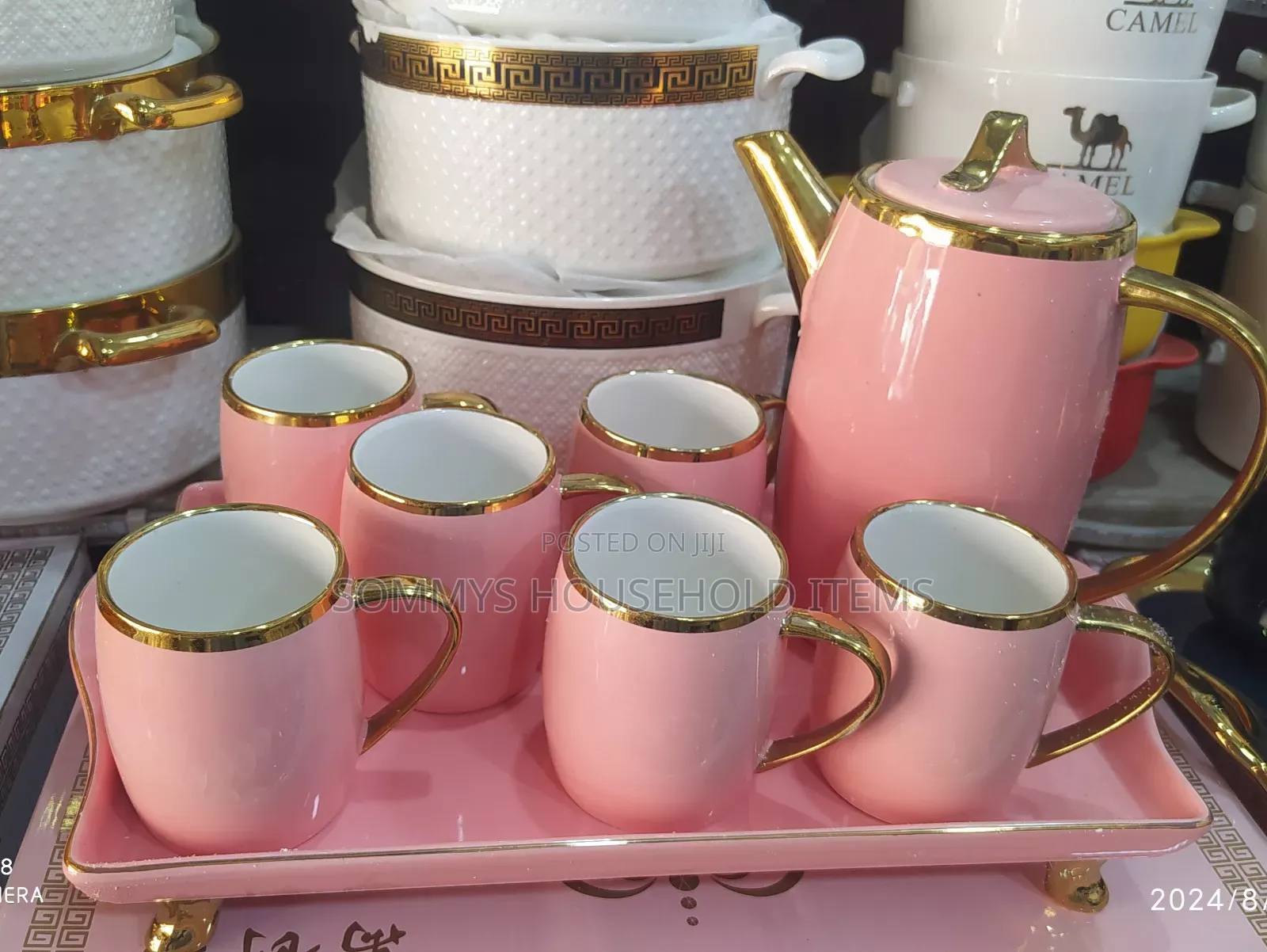 Luxury Pink 6set Teacups ,Tray and Jug
