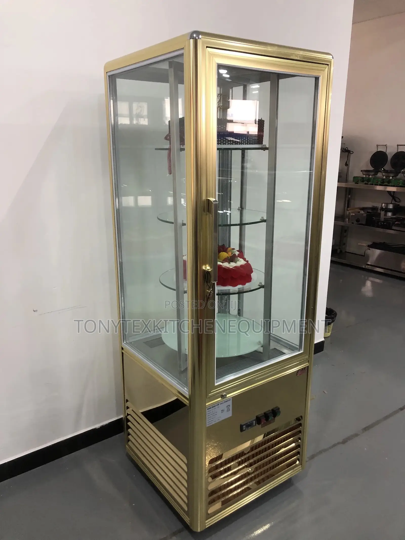 Golden Rotating Cake Chiller Display Available