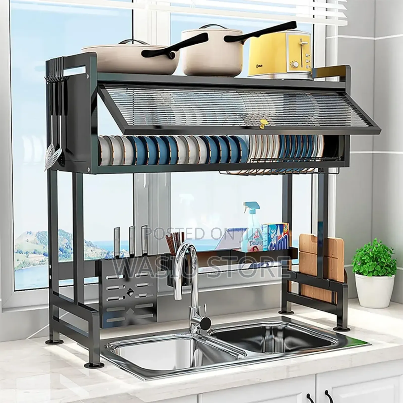 Over the Sink Dish Drainer Drying Plate Rack With Cover 85cm