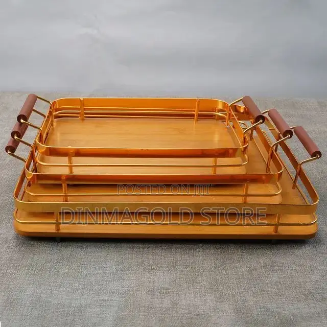 Metal Handle Bamboo Wooden Luxury Gold Tray Set