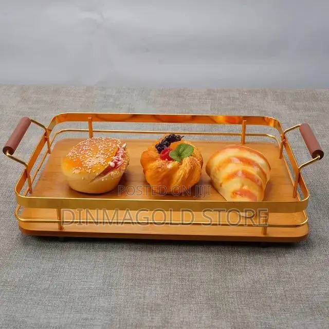 Metal Handle Bamboo Wooden Luxury Gold Tray Set