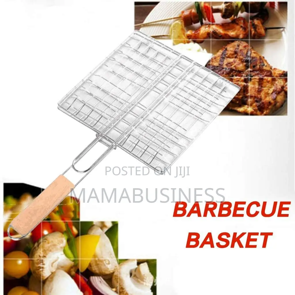 Barbecue Grill Basket With Wood Handle Stainless Steel Wire