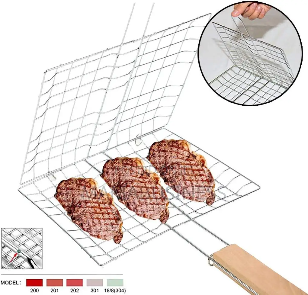 Barbecue Grill Basket With Wood Handle Stainless Steel Wire