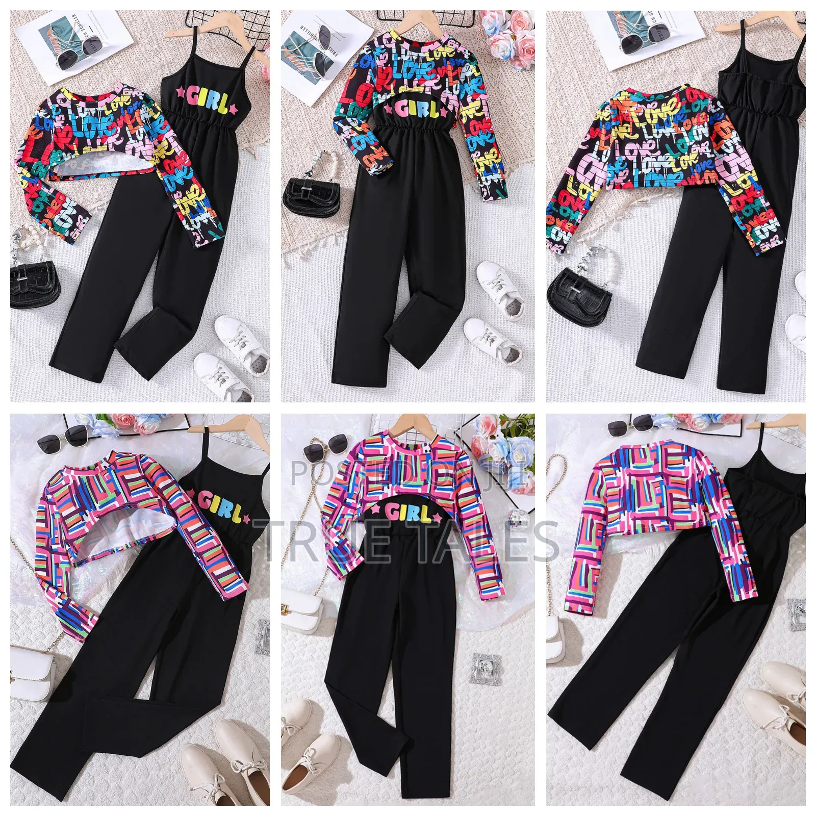 % Cotton Big Girl's Top Dungarees Overall Colourful Set