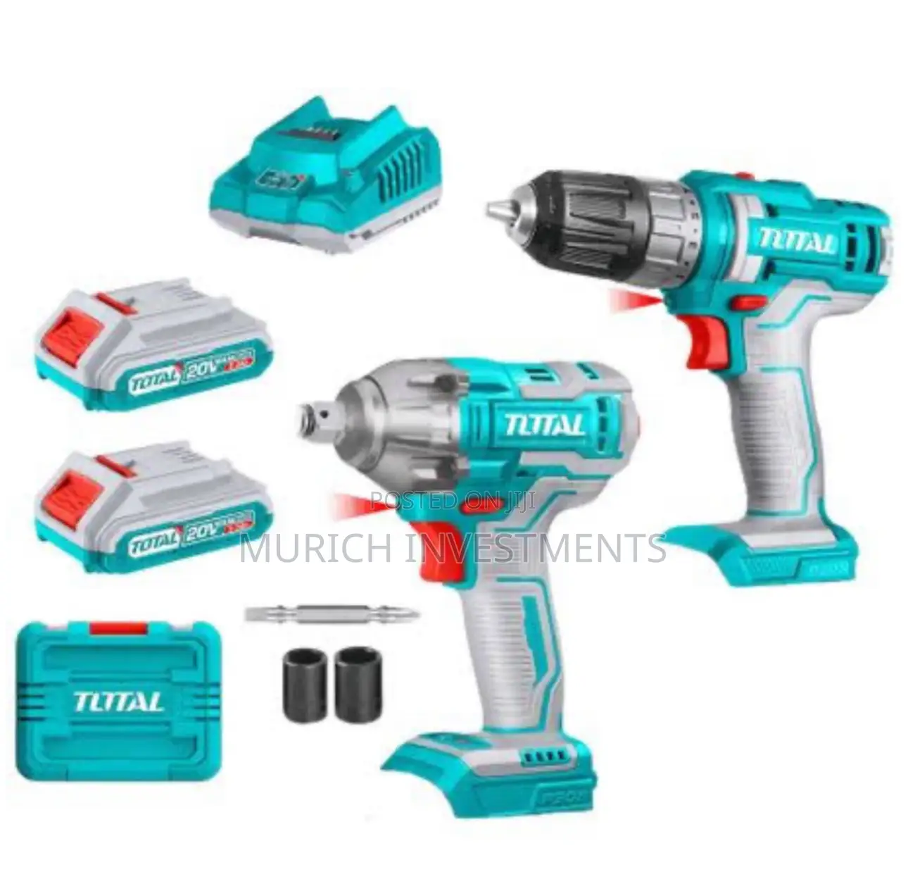 Total 2pcs Li-ion Cordless Drill + Impact Wrench Combo Set