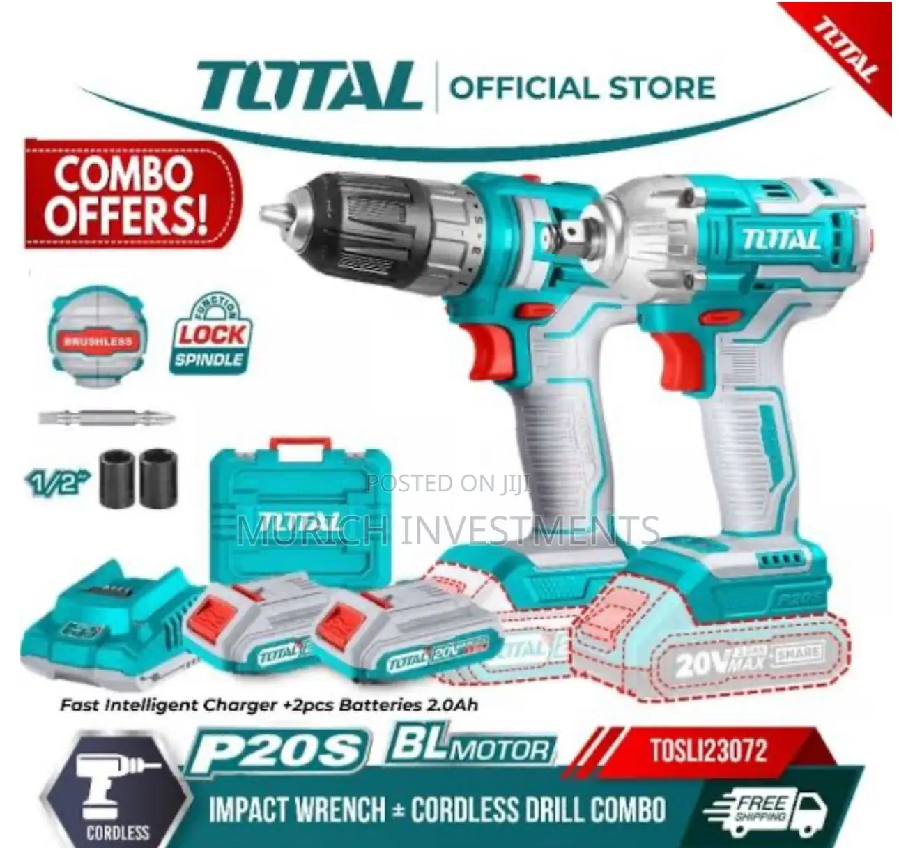 Total 2pcs Li-ion Cordless Drill + Impact Wrench Combo Set