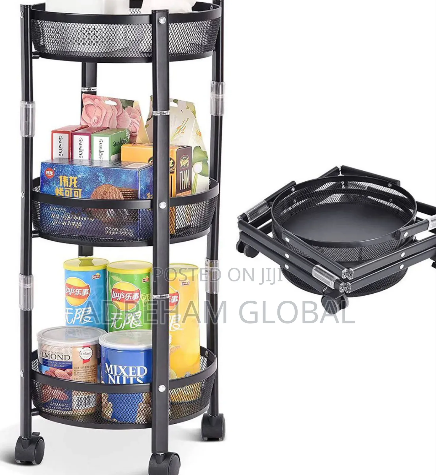 Foldable Movable Storage Rack With Wheel, 3 Tier