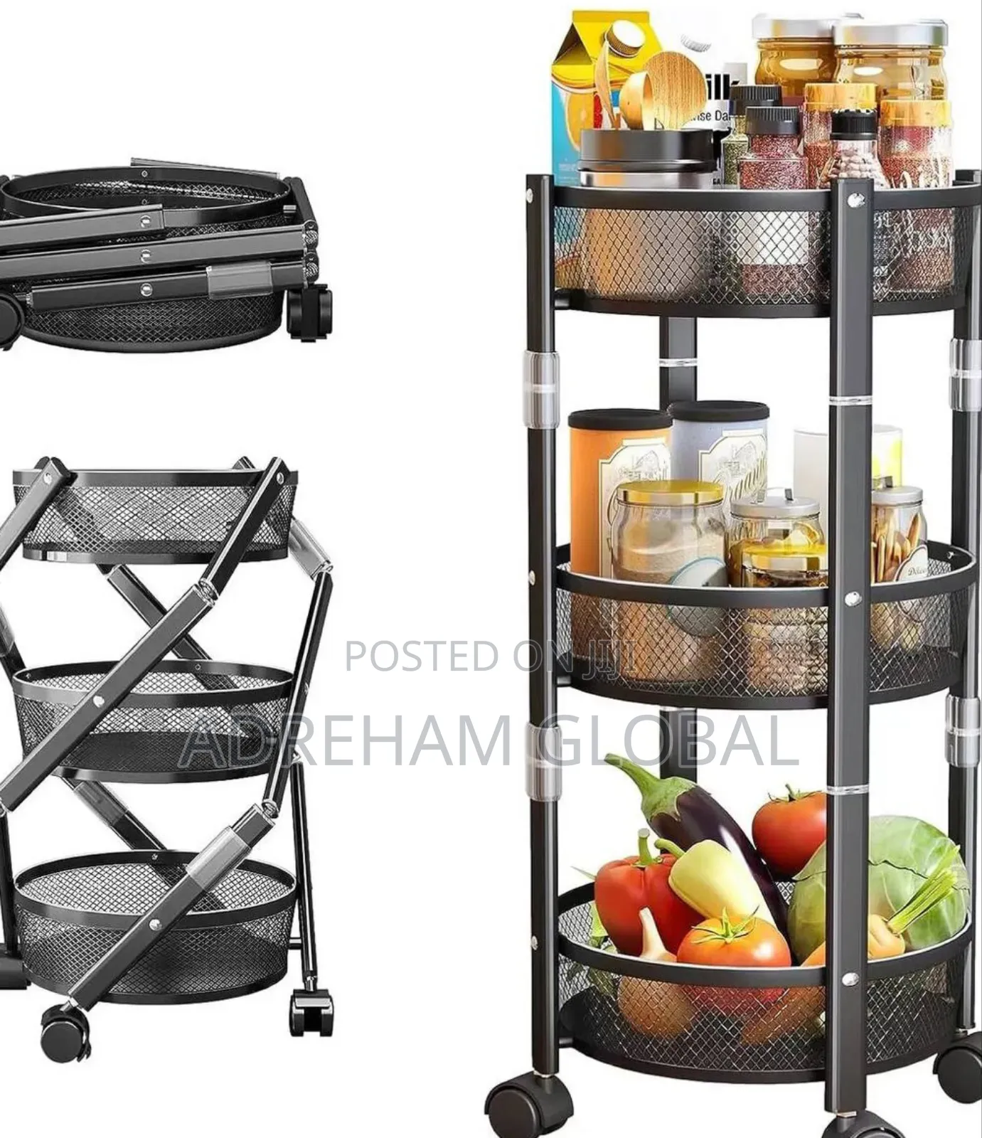 Foldable Movable Storage Rack With Wheel, 3 Tier