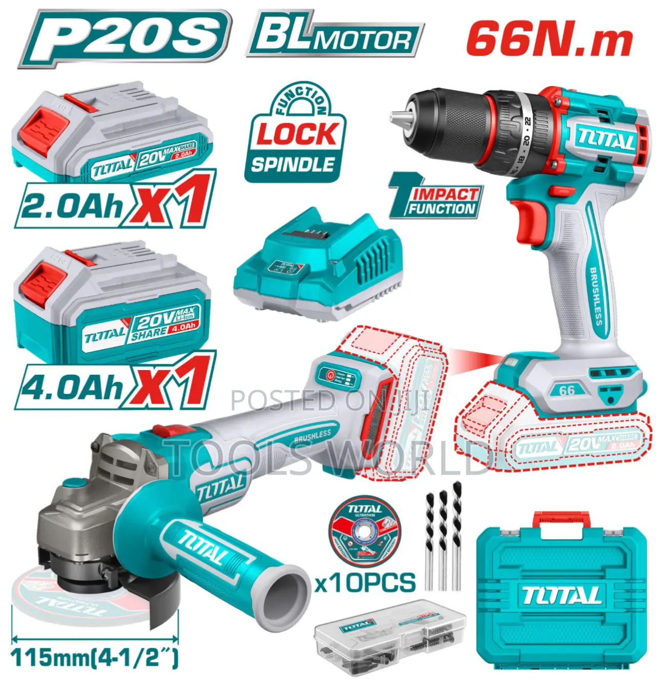 Cordless 2 PCS Combo Kit Angle Grinder and Impact Drill