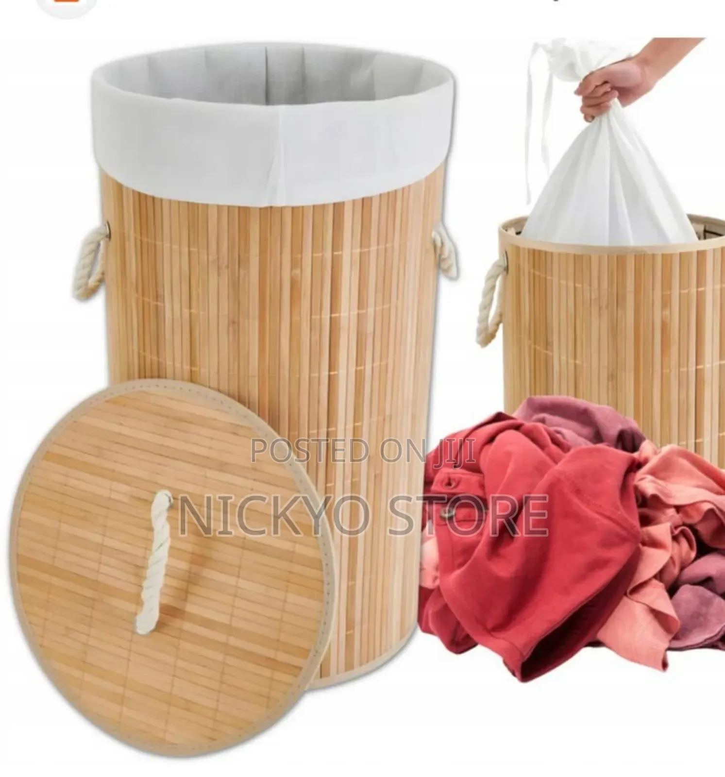 Natural Round Collapsible Laundry Basket, Bamboo, Brown.