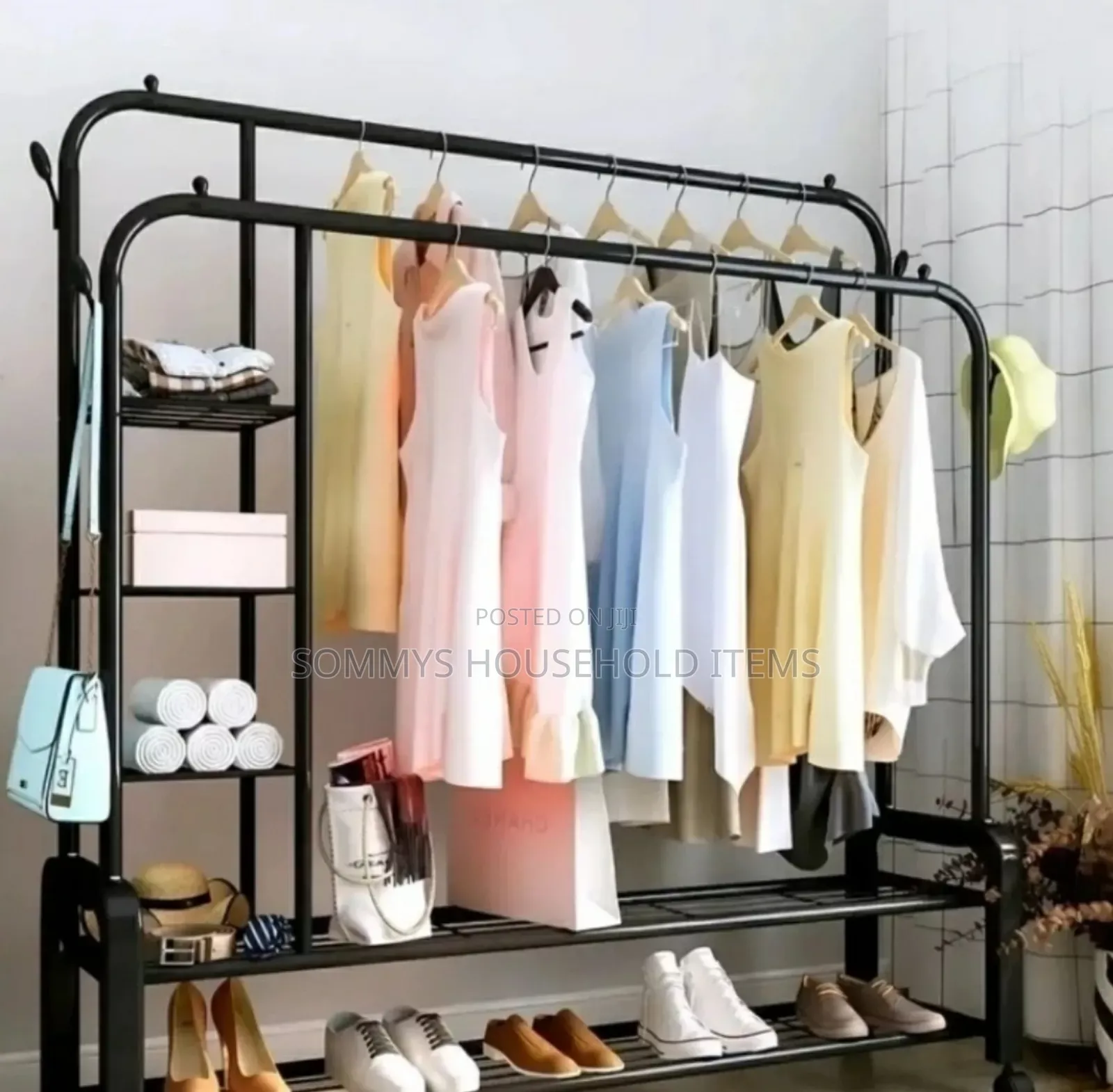Double Pole Cloth Hanger With Shelves