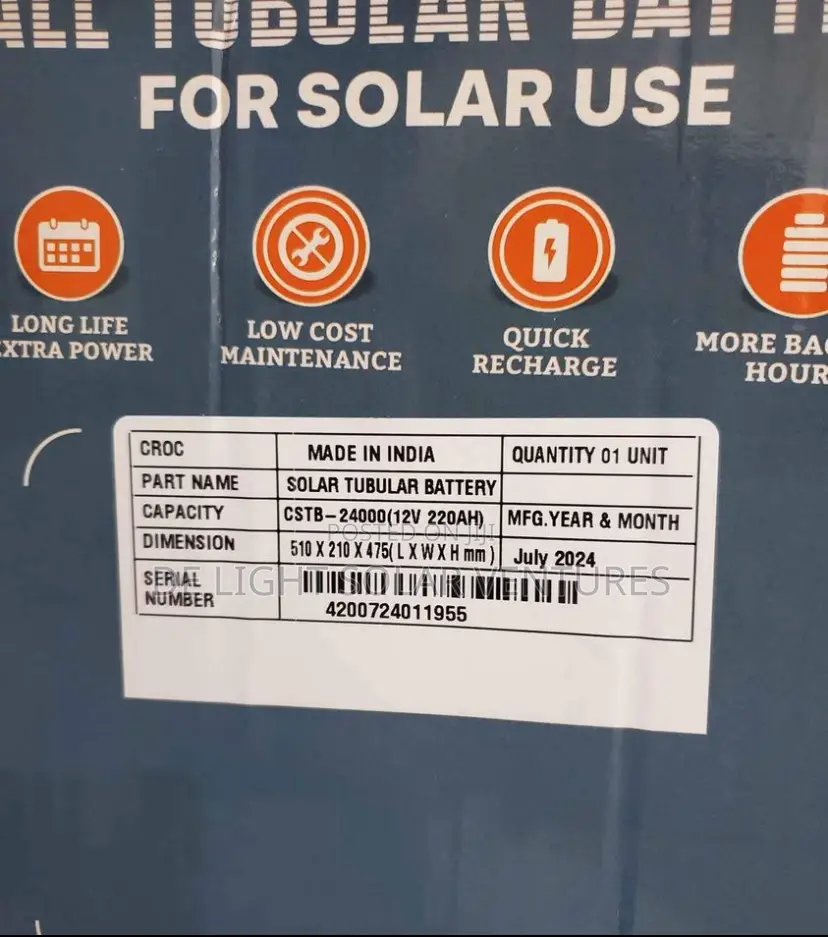 Luxuury Indian 220ah 12V Croc Solar Tubular Battery