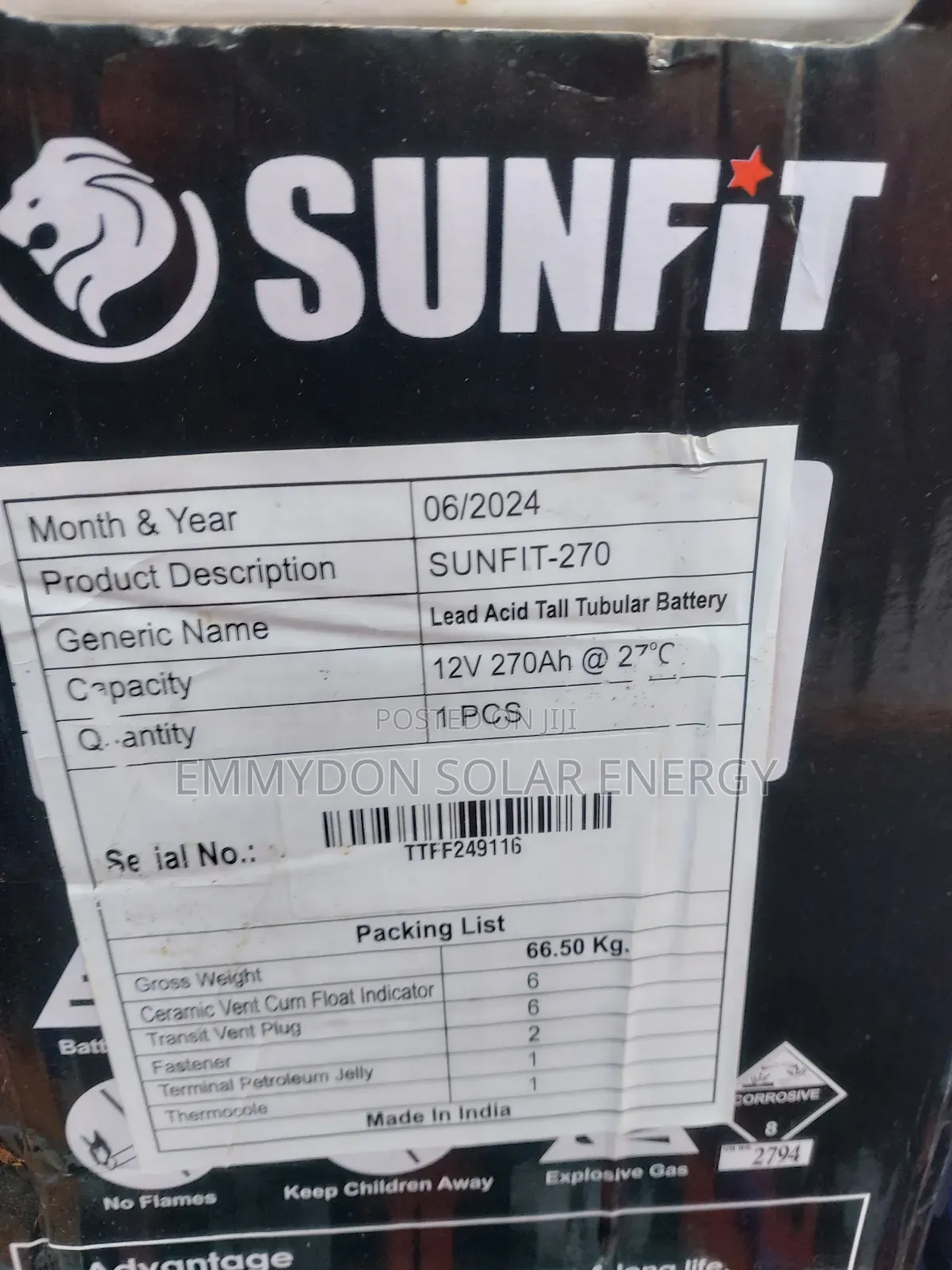Original Sunfit Tubular Battery 270ah 12V