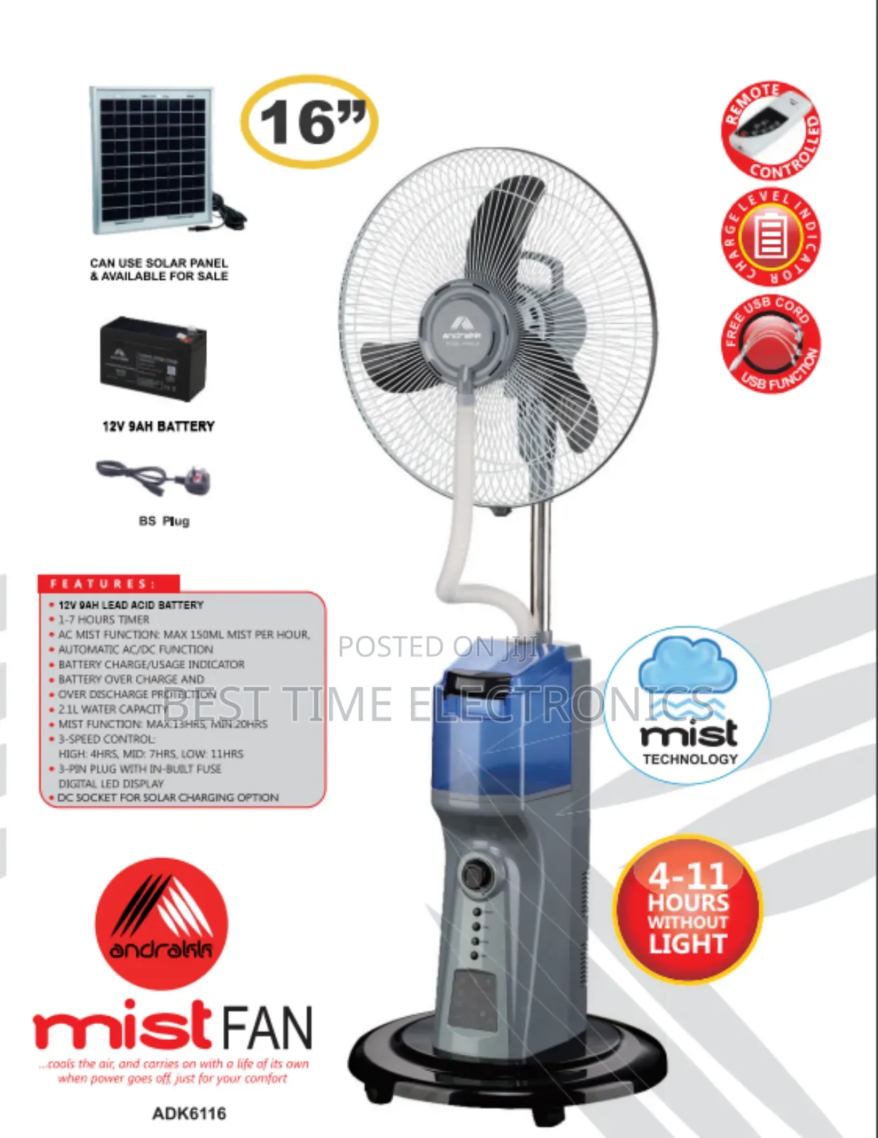 Andrakk 16" Rechargeable Mist Fan [Adk6116]
