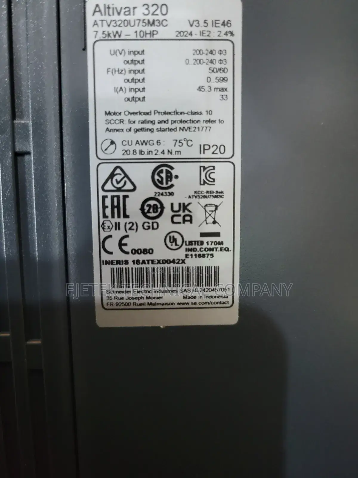 Schneider Inverter Drive 7.5kw/10hp Atv320 1phase
