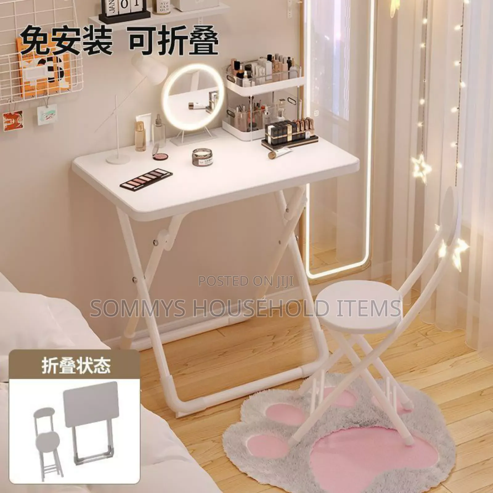 Pure White Wooden Foldable 1table 1chair With Metal Legs