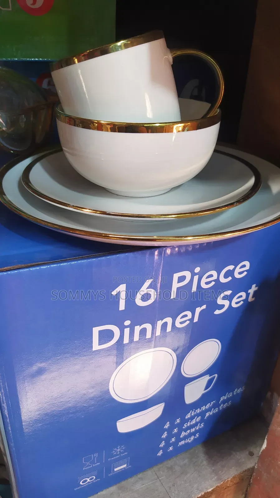 16pcs White and Gold Ceramics Dinner Set Plates