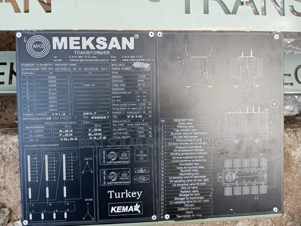 7.5MVA 33/11kv Meksan Transformer