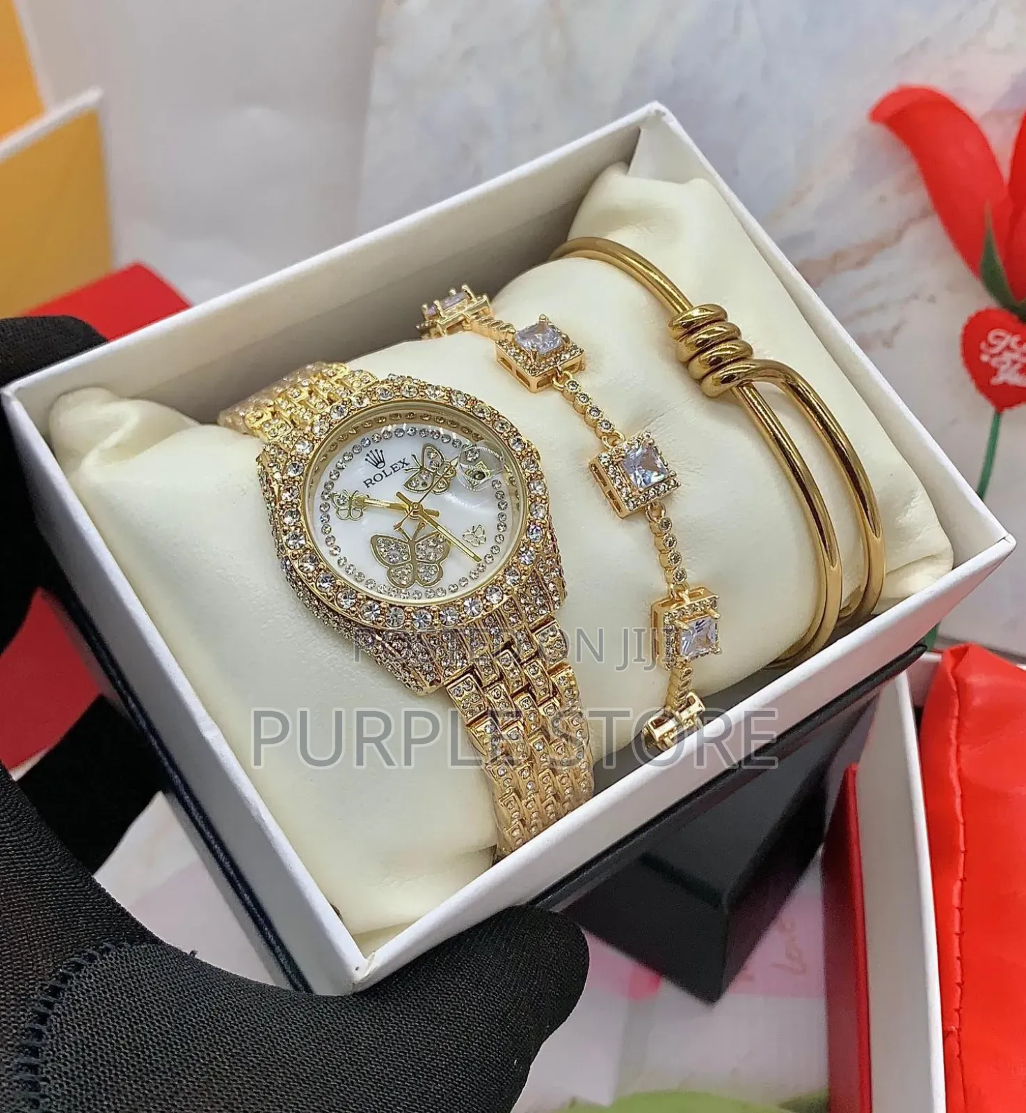 Rolex Female Gold Stoned Watch and Bracelet