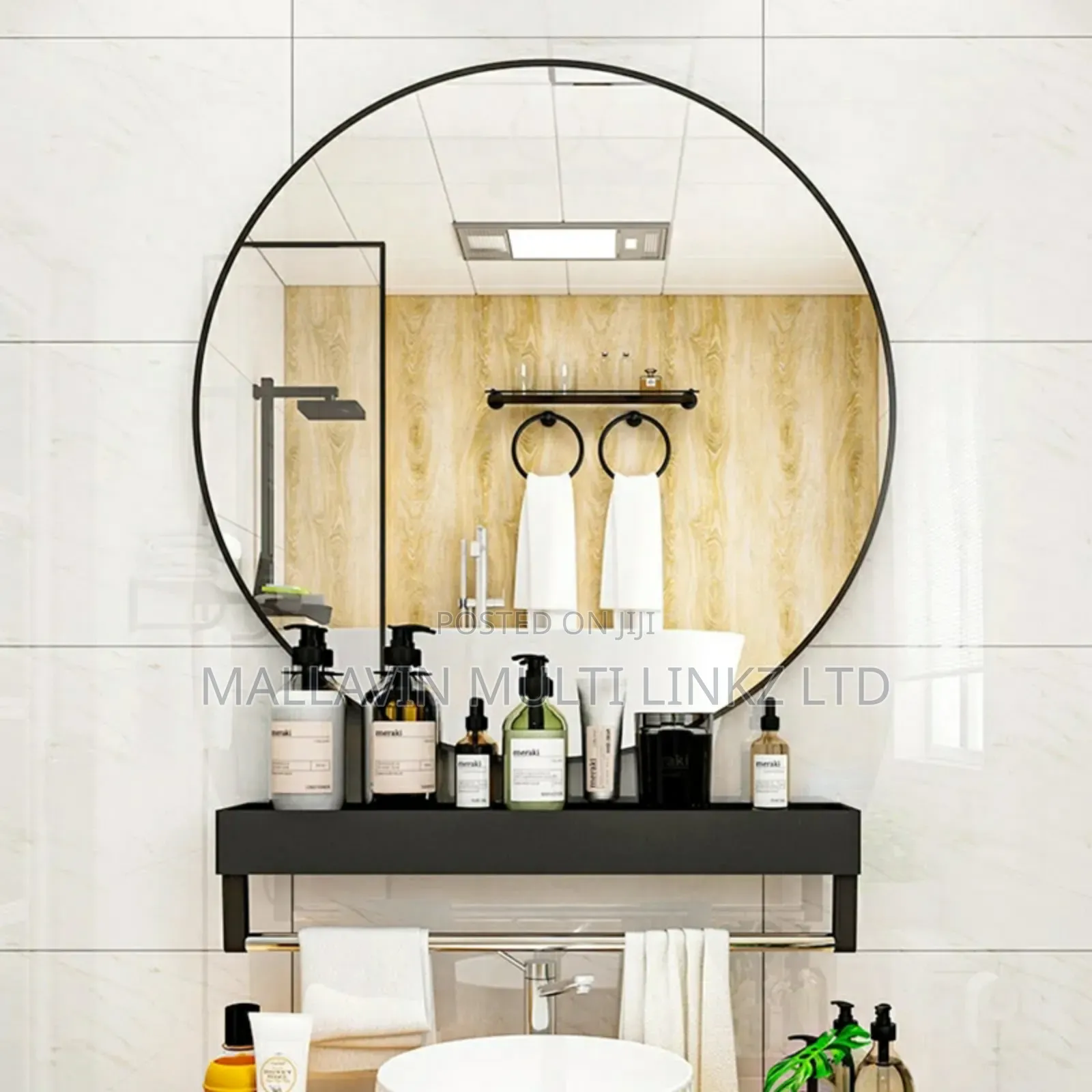 Frame Round Black Makeup Mirror With Shelf