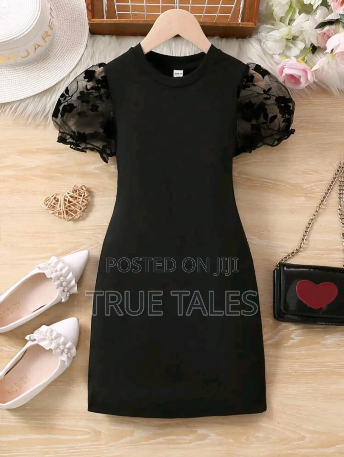 Girls' SHEIN Stretchy Snug Black Dress With Lacy Sleeves
