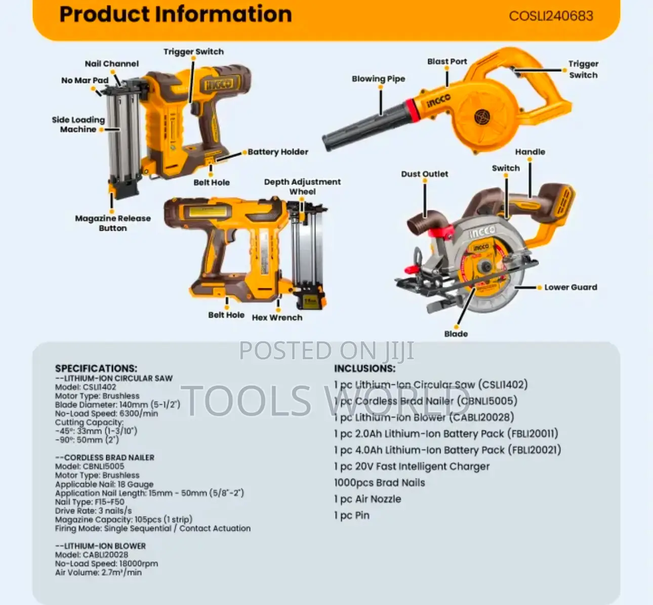 3pcs Cordless 20v Blower,Circular Saw,Brad Nailer 50mm