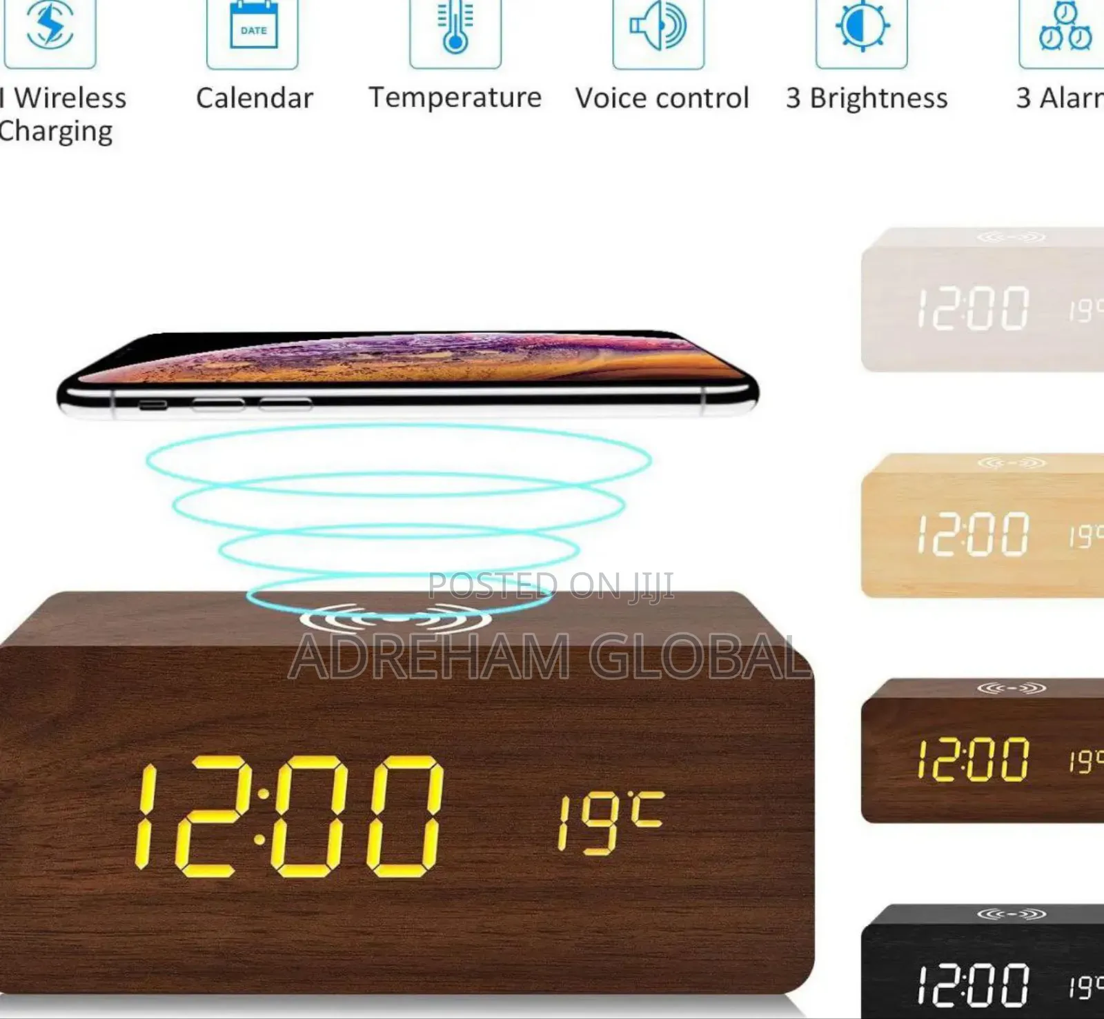 Wooden Digital Alarm Clock With Wireles Charging Electricity