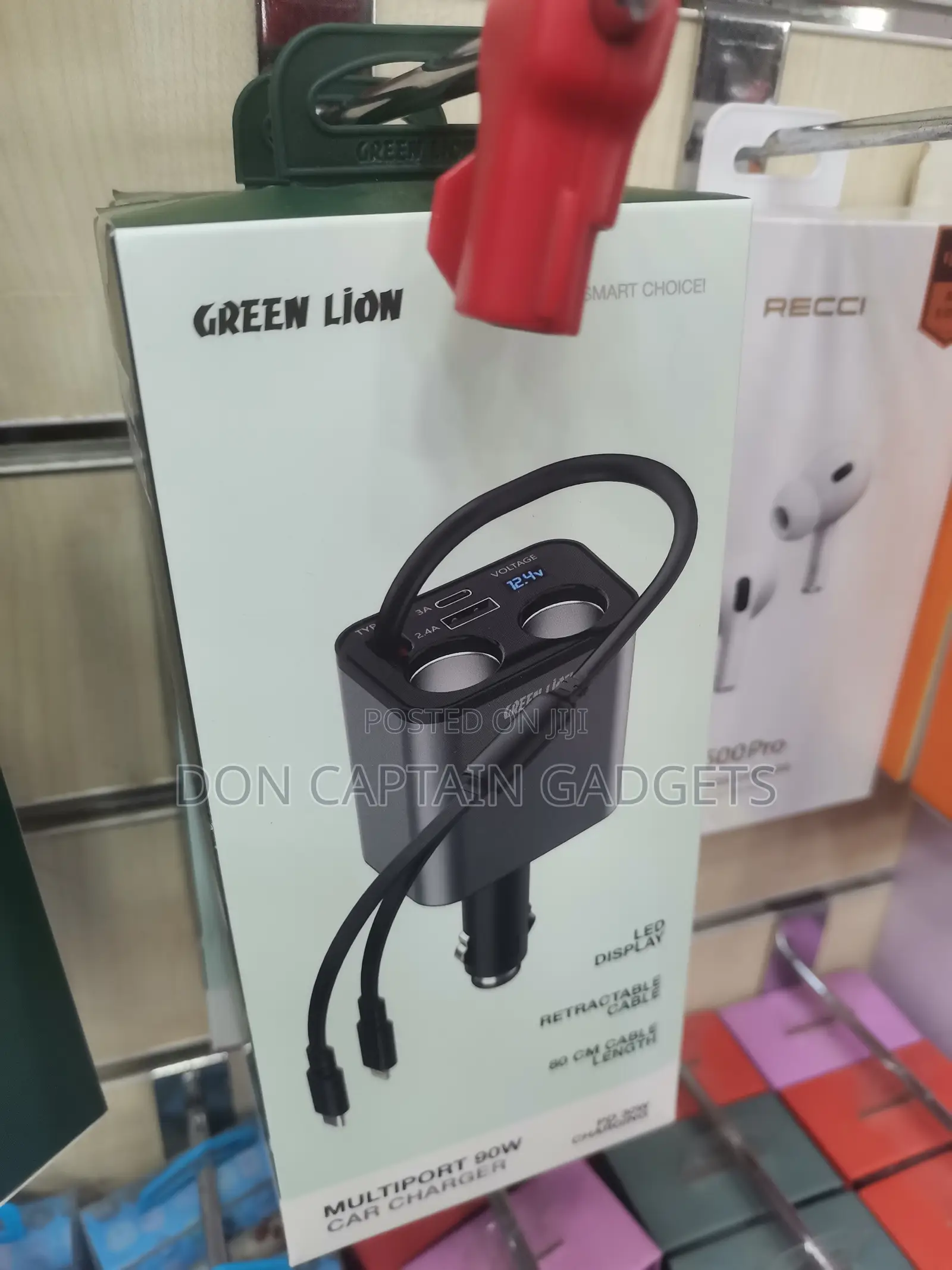 Green Lion 90W Multiport Car Charger (Retractable)