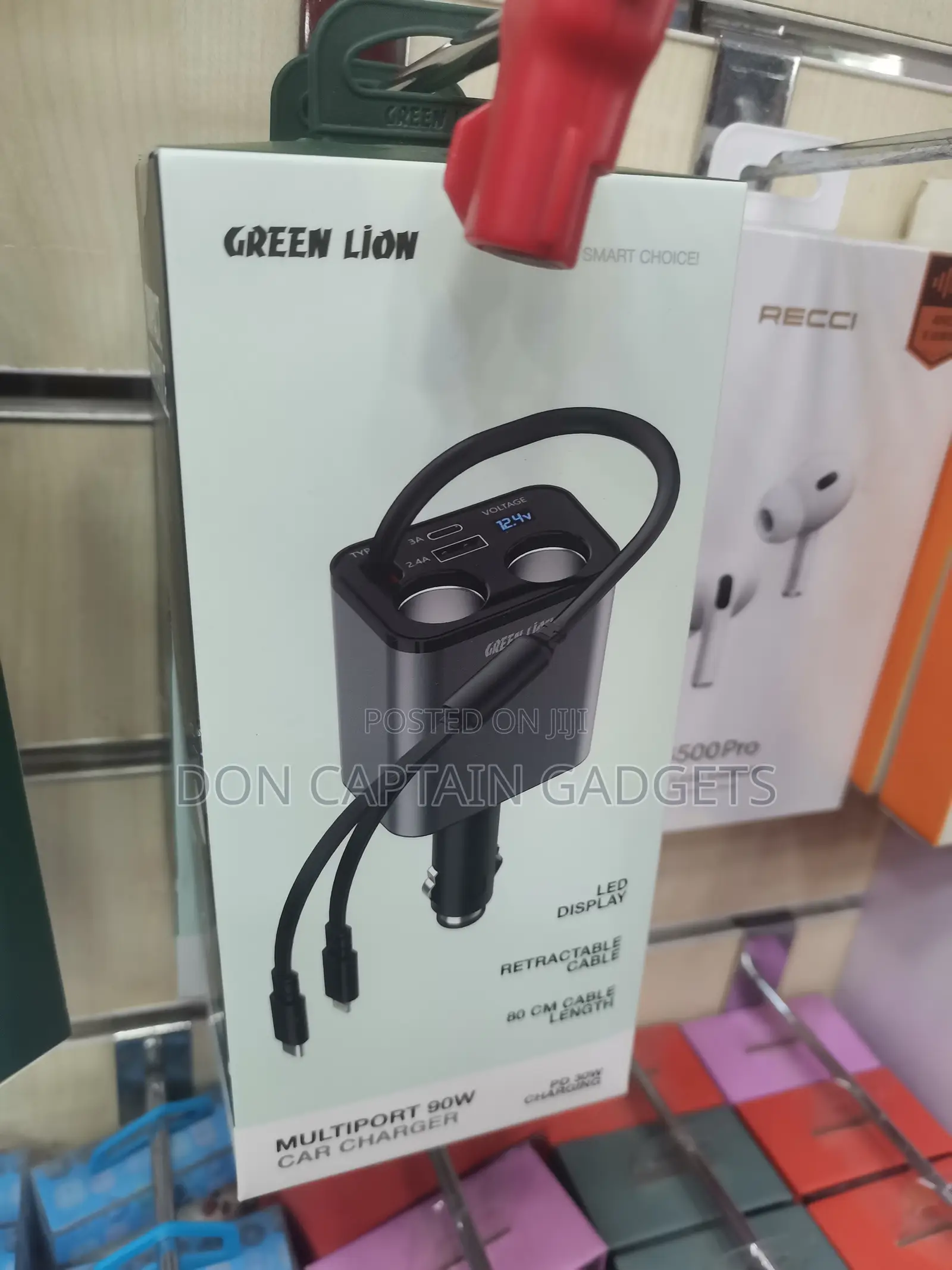 Green Lion 90W Multiport Car Charger (Retractable)