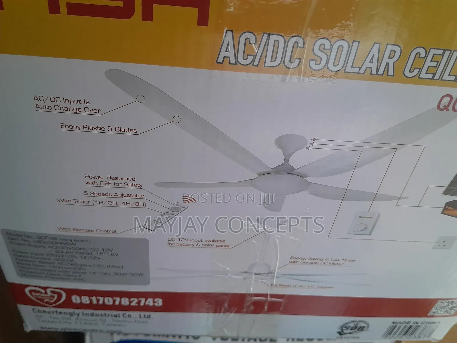 QASA 5-blades Ac/Dc Solar Ceiling Fan With Remote-25watts