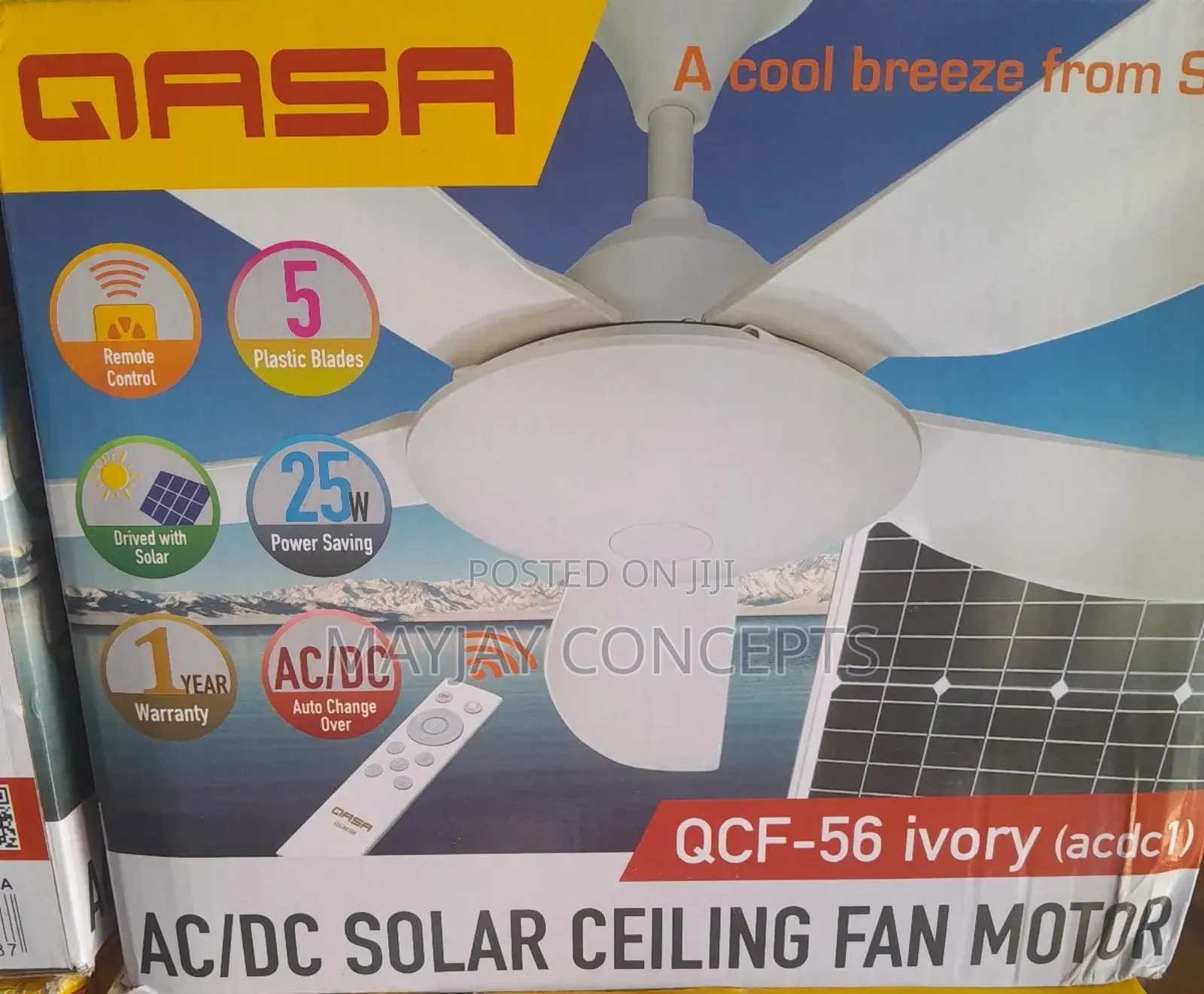 QASA 5-blades Ac/Dc Solar Ceiling Fan With Remote-25watts