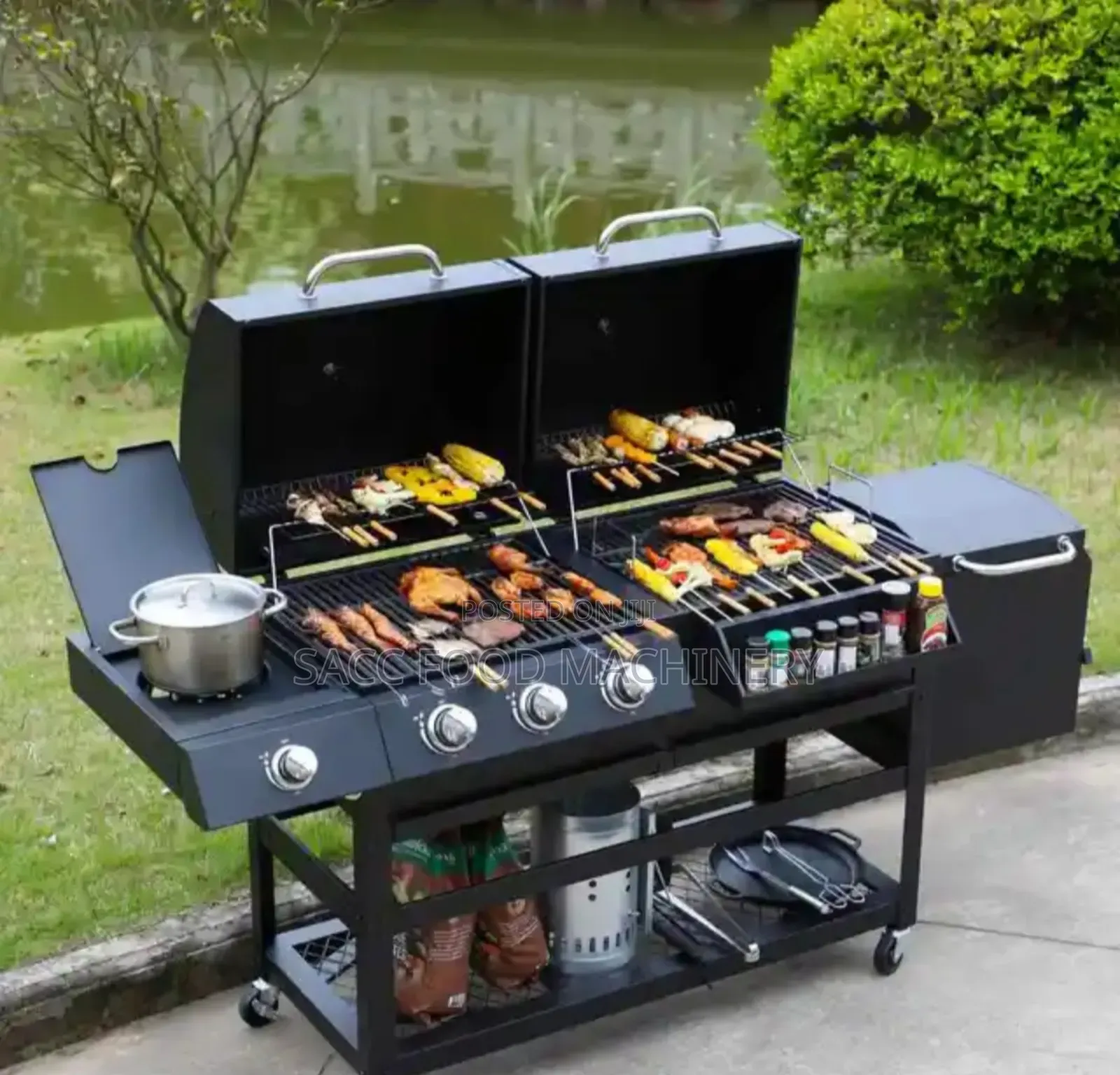 Gas And Charcoal BBQ Grill With Side Stove And Storage