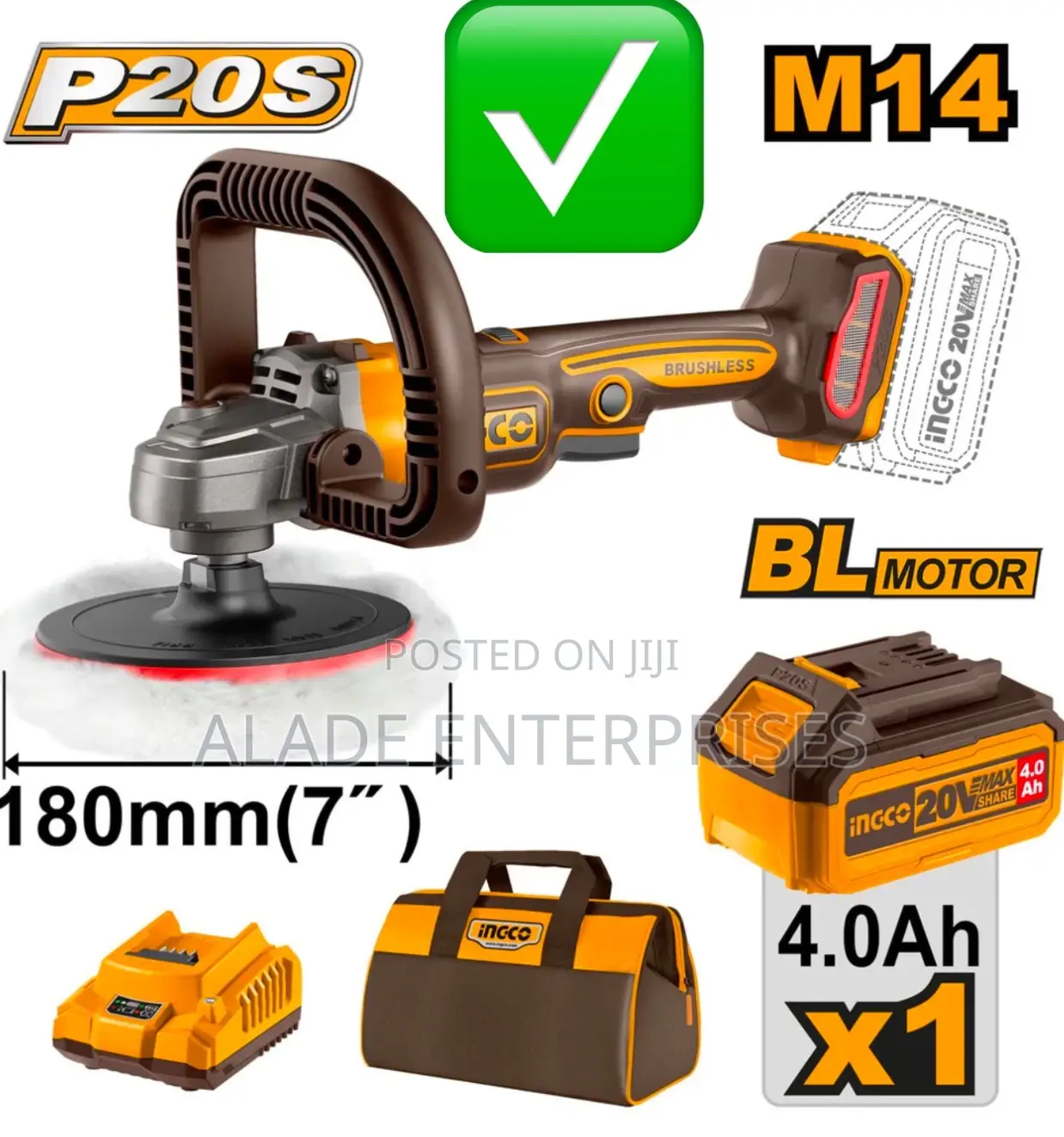 Ingco 7" Lithium-Lon Cordless Angle Polisher 20V 4.0ah