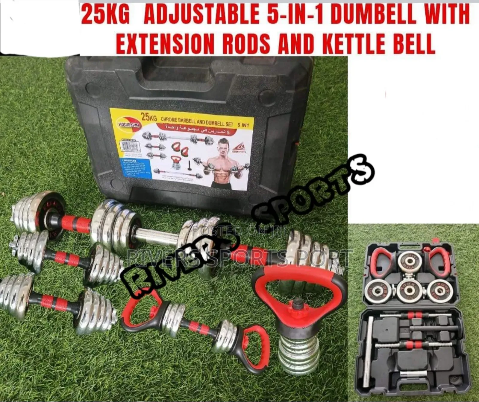 25kg 5in1 Dumbbell Barbell Set With Kettlebell, Pushup Bar