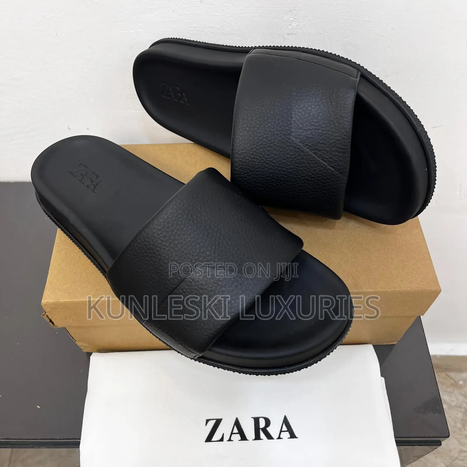 Original Zara Men Black Leather Slippers