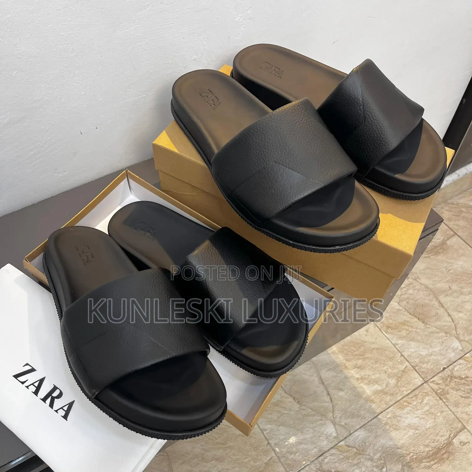 Original Zara Men Black Leather Slippers