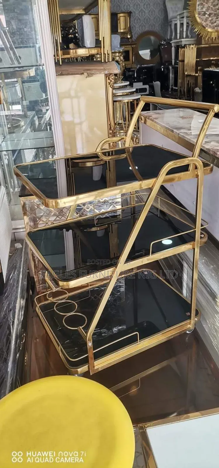 Luxury 3 Step Black and Gold Wine Trolley.