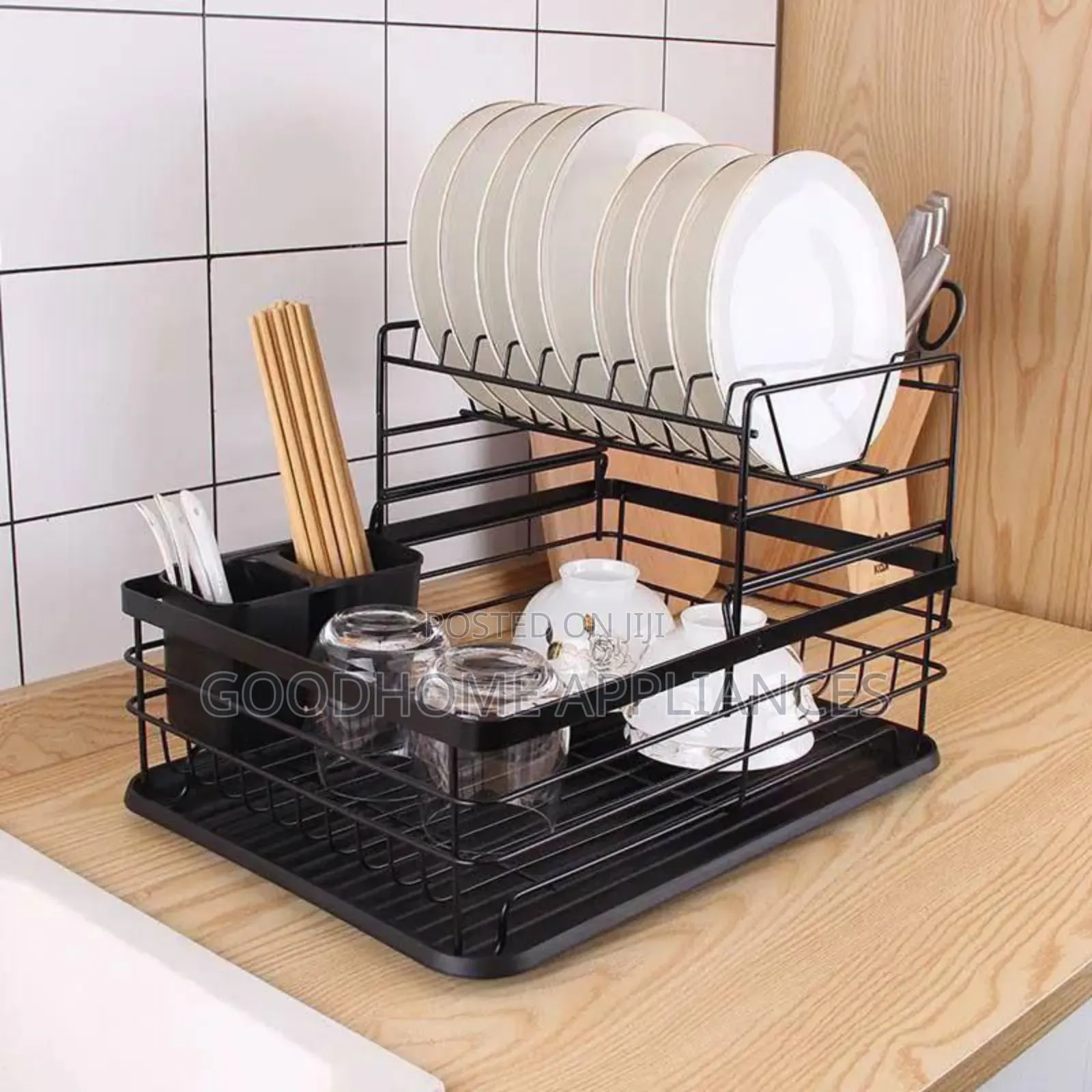 Metallic Dish Rack With Double Layer Drain