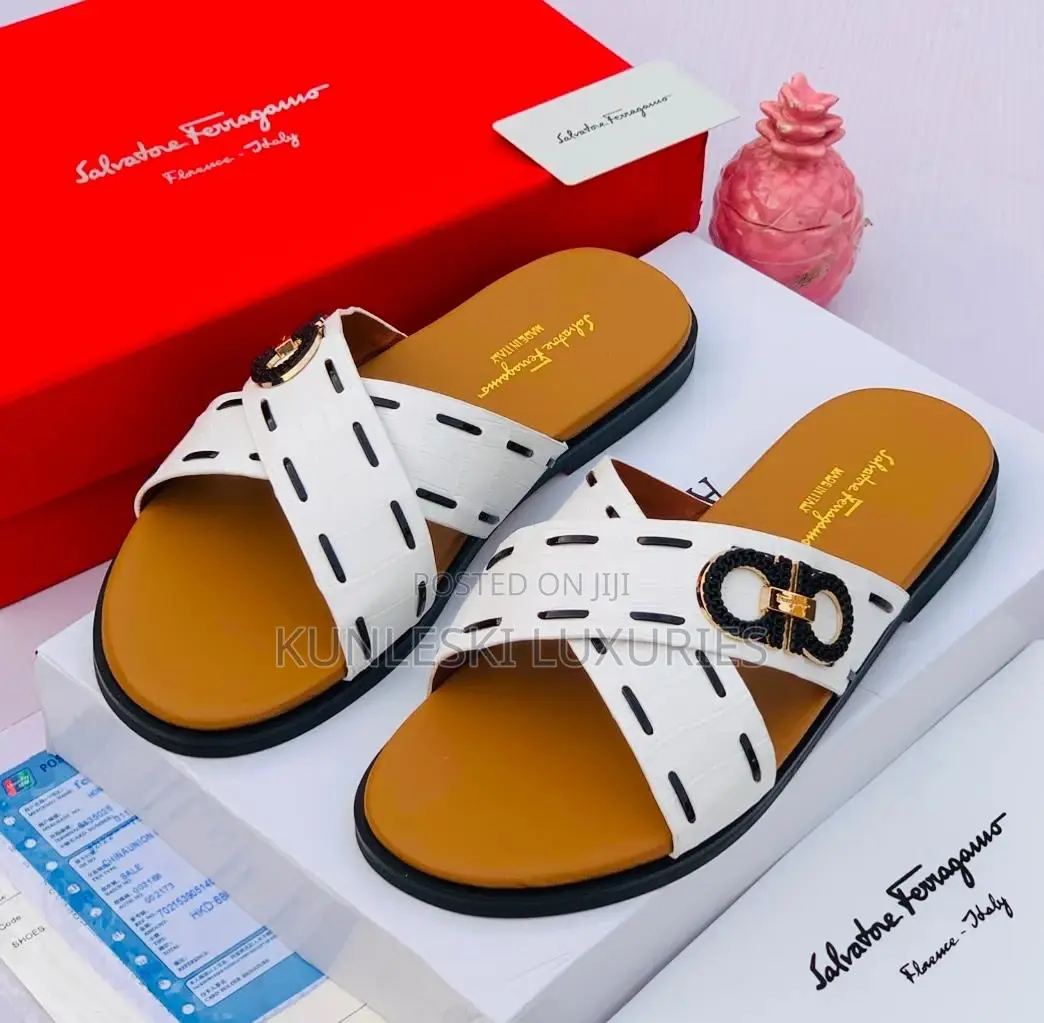 Original Salvatore Ferragamo Men White Leather Slippers