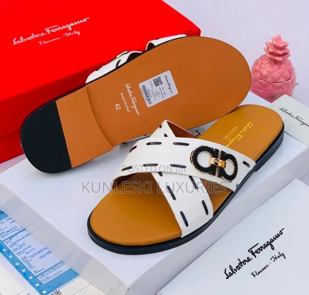 Original Salvatore Ferragamo Men White Leather Slippers